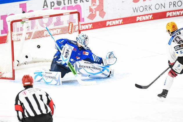 Florian Bugl s Straubing Tigers are defeated; Nino Kinder s Pinguins Bremerhaven win; Men s Ice Hockey, German Ice Hockey League, Penny DEL, Matchday 5, 2026–2027 season on October 2, 2026, at the Eisstadion am Pulverturm, Straubing Tigers (blue) vs. Pinguins Bremerhaven (white)