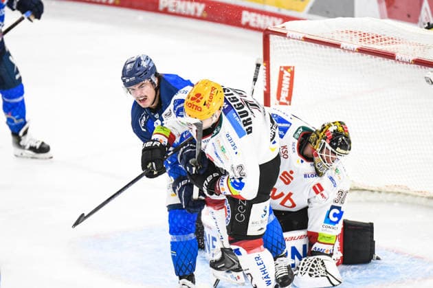 Jamieson Rees Straubing Tigers face off against Phillip Bruggisser s Pinguins Bremerhaven, Men s Ice Hockey, German Ice Hockey League, Penny DEL, Matchday 5, 2026–2027 season on October 2, 2026, at the Eisstadion am Pulverturm, Straubing Tigers (blue) vs. Pinguins Bremerhaven (white)
