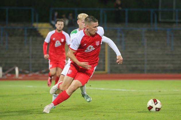 October 2, 2026 Men s Soccer 2026–2027 dachbleche24 State Cup, 2nd Round: SG Reppichau vs. Hallescher FC at Paul Greifzu Stadium, Dessau-Roßlau; Pascal Schmedemann, Halle, 24, red with the ball Dessau-Roßlau Saxony-Anhalt Germany
