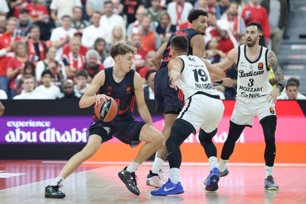 Tobias Jensen, FC Bayern Basketball, 08, with Arijan Lakic, Partizan Belgrade, 19, and Luca Vildoza, Partizan Belgrade, 03, GER, FC Bayern Basketball vs. Partizan Mozzart Bet Belgrade, Basketball, EuroLeague, Matchday 3, 2026–2027 Season, October 2, 2026, GER, FC Bayern Basketball vs. Partizan Mozzart Bet Belgrade, Basketball, EuroLeague, Matchday 3, 2026–2027 Season, October 2, 2026, Munich Copyright: xEibner-Pressefoto JennixMaulx EP_JML