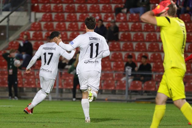 October 2, 2026, Soccer, Men s, Bavarian Regional League, 2026–2027 Season, Matchday 12: SpVgg Unterhaching vs. FC Schweinfurt 05. From left: Goal scorer Jason Prodanovic (FC Schweinfurt 05, No. 17) and Valentin Schmitt (FC Schweinfurt 05, No. 11) celebrate the 1–0 win over Unterhaching at Uhlsport Park in Unterhaching, Bavaria, Germany