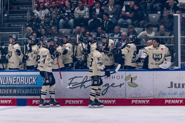 Spencer Machacek of the Grizzlys Wolfsburg, 93, high-fiving teammates on the bench after scoring the 1-1 tying goal, GER, Augsburger Panther vs. Grizzlys Wolfsburg, ice hockey, DEL, 2026–2027 season, Matchday 4, October 2, 2026. Photo: HMB Media, Heike Feiner Copyright: HMBxMedia HeikexFeiner
