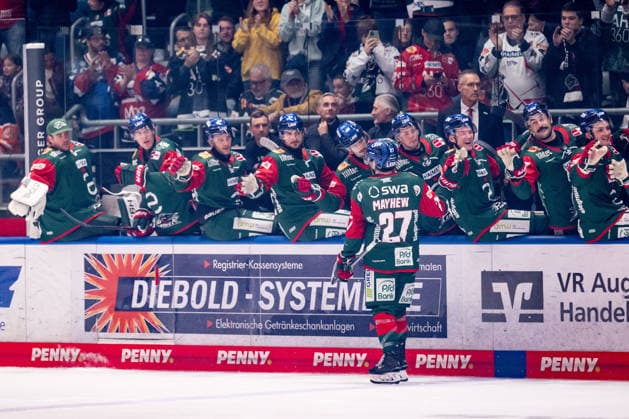 Kyle Mayhew of the Augsburger Panther, 27, high-fiving teammates on the bench after scoring the goal that made it 2–1 for Germany, Augsburger Panther vs. Grizzlys Wolfsburg, ice hockey, DEL, 2026–2027 season, Matchday 4, October 2, 2026. Photo: HMB Media, Heike Feiner Copyright: HMBxMedia HeikexFeiner