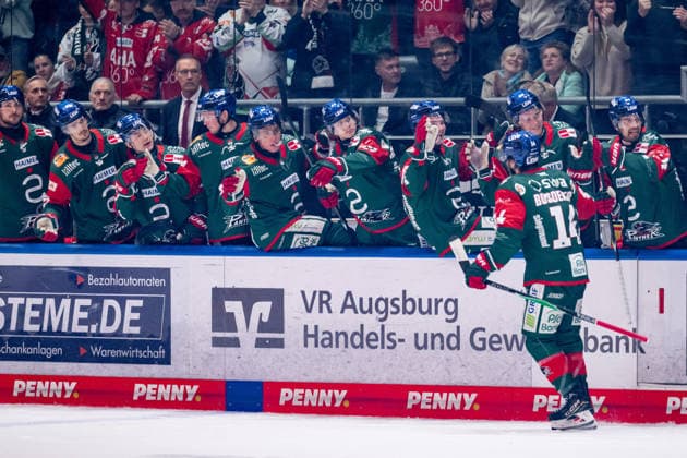 Donald D. J. Busdeker, Augsburger Panther, No. 14, high-fiving teammates on the bench after scoring a shorthanded goal to make it 3–1, GER, Augsburger Panther vs. Grizzlys Wolfsburg, ice hockey, DEL, 2026–2027 season, Matchday 4, October 2, 2026. Photo: HMB Media, Heike Feiner Copyright: HMBxMedia HeikexFeiner
