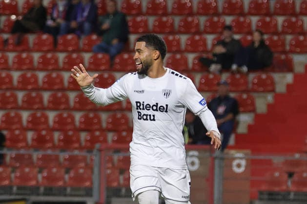 October 2, 2026, Soccer, Men s, Bavarian Regional League, 2026–2027 Season, Matchday 12: SpVgg Unterhaching vs. FC Schweinfurt 05; Goal scorer: Jason Prodanovic (FC Schweinfurt 05); 17th minute: celebrated his 1–0 goal; Unterhaching, Uhlsport Park, Unterhaching, Bavaria, Germany
