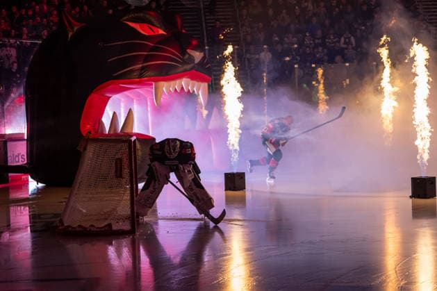 Tobias Ancicka, goaltender for the Augsburger Panther, age 45, during the players entrance, standing in his goal (GER), Augsburger Panther vs. Grizzlys Wolfsburg, ice hockey, DEL, 2026–2027 season, Matchday 4, October 2, 2026 Photo: HMB Media, Franz Feiner Copyright: HMBxMedia FranzxFeiner