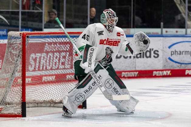 Tobias Ancicka, goaltender, Augsburger Panther, 45, during warm-ups in Germany; Augsburger Panther vs. Grizzlys Wolfsburg, ice hockey, DEL, 2026–2027 season, Matchday 4, October 2, 2026 Photo: HMB Media, Heike Feiner Copyright: HMBxMedia HeikexFeiner