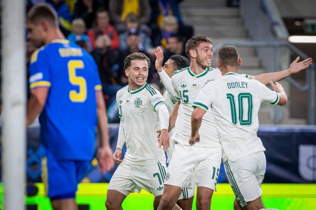 UKRAINE - NORTHERN IRELAND Player of Northern Ireland Kieran Morrison of Northern Ireland and Sheffield Wednesday, Ruairi McConville of Northern Ireland and Norwich City, Jamie Donley of Northern Ireland and Luton Town celebrate a goal scored by Ciaron Brown of Northern Ireland and Oxford United during UEFA Nations League - League B - Group B2 - Matchday 3 - football match between Ukraine and Northern Ireland. Anton Malatinsky Stadium, City Arena, Trnava, Slovakia, October 02, 2026. Photo by Branislav Racko Copyright: xx 080A8779