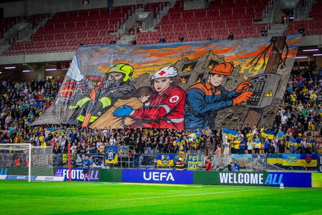 UKRAINE - NORTHERN IRELAND Fans of Ukraine during UEFA Nations League - League B - Group B2 - Matchday 3 - football match between Ukraine and Northern Ireland. Anton Malatinsky Stadium, City Arena, Trnava, Slovakia, October 02, 2026. Photo by Branislav Racko Copyright: xx _BRR0318