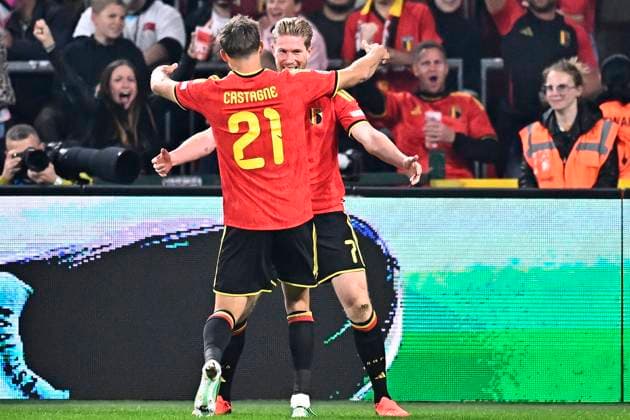 Belgium v Turkey - UEFA Nations League 2026 LIEGE, BELGIUM - OCTOBER 02 : De Bruyne Kevin forward of Belgium celebrates scoring a goal with teammates during the UEFA Nations League tournament league phase matchday 3 group A1 match between Belgium and Turkey on October 2, 2026 in Liege, Belgium, 02 10 2026 Liege Belgium  Copyright: xTomasxSiskx