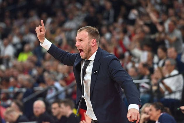 Coach Anton GAVEL (FCB), gesturing, giving instructions, single frame, cropped close-up, half-length shot, Basketball EuroLeague, 2026–2027 season, FC Bayern Munich vs. Partizan Belgrade on October 2, 2026, SAPGARDEN