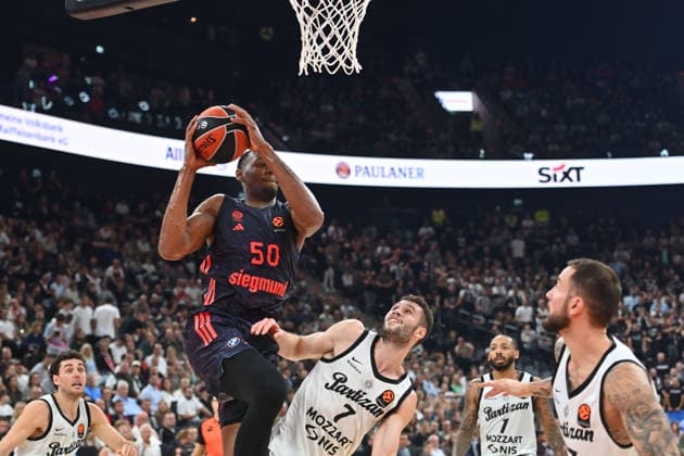 Austin WILEY FCB, Action, Face-off against Mario Nakic, Belgrade Basketball EuroLeague, 2026–2027 Season, FC Bayern Munich vs. Partizan Belgrade on October 2, 2026, S A P G A R D EN