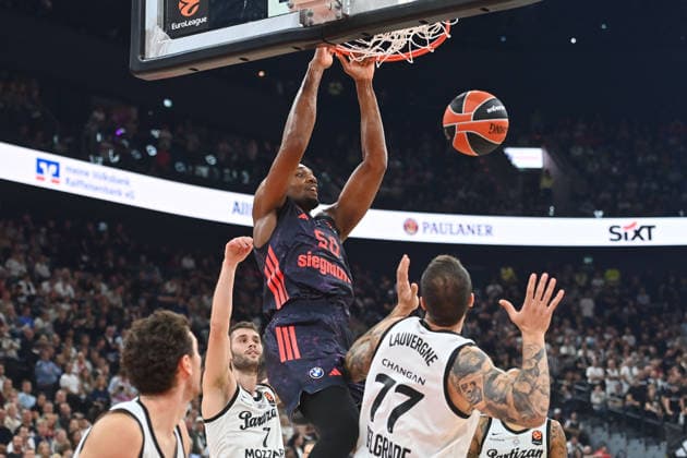 Austin WILEY FCB, Action, Battle for the ball against Joffrey Lauvergne (right), Belgrade Basketball EuroLeague, 2026–2027 Season, FC Bayern Munich vs. Partizan Belgrade on October 2, 2026, S A P G A R D EN
