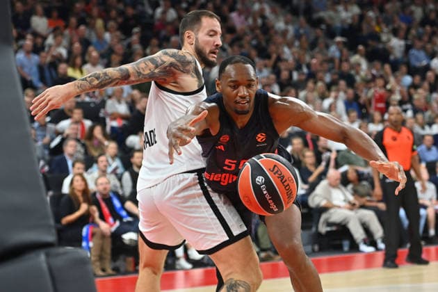 Austin WILEY FCB, Action, One-on-One Against Joffrey Lauvergne, Belgrade Basketball EuroLeague, 2026–2027 Season, FC Bayern Munich vs. Partizan Belgrade on October 2, 2026, S A P G A R D EN