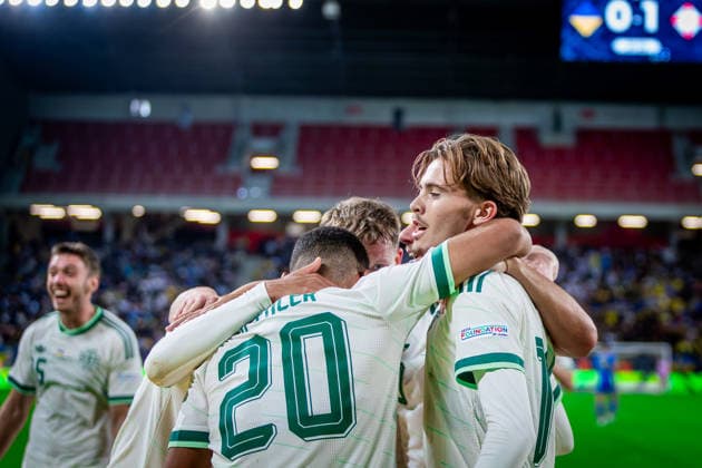 UKRAINE - NORTHERN IRELAND Isaac Price of Northern Ireland and West Bromwich Albion celebrates a goal during UEFA Nations League - League B - Group B2 - Matchday 3 - football match between Ukraine and Northern Ireland. Anton Malatinsky Stadium, City Arena, Trnava, Slovakia, October 02, 2026. Photo by Branislav Racko Copyright: xx _BRR0401