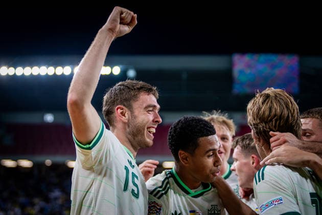 UKRAINE - NORTHERN IRELAND Ruairi McConville of Northern Ireland and Norwich City celebrates a goal during UEFA Nations League - League B - Group B2 - Matchday 3 - football match between Ukraine and Northern Ireland. Anton Malatinsky Stadium, City Arena, Trnava, Slovakia, October 02, 2026. Photo by Branislav Racko Copyright: xx _BRR0411