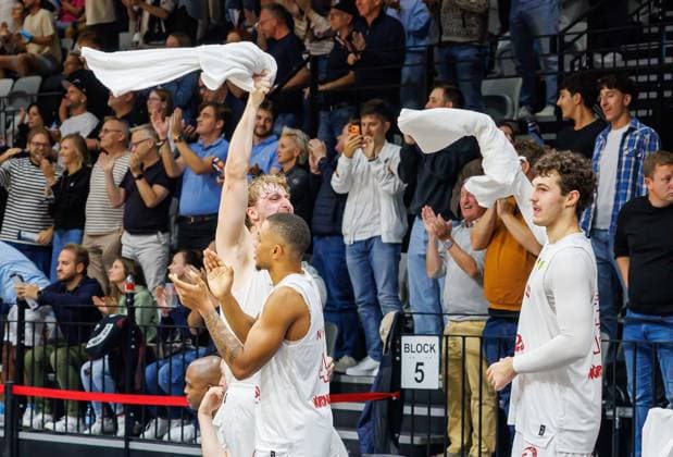 October 2, 2026 Basketball Season 2026–2027 2nd Bundesliga Pro A Matchday 2 Nuremberg Falcons Basketball Club (NBC) vs. EPG Baskets Koblenz Sports photo by Zink DaMa xdaxmax Celebration and joy of the Nuremberg Falcons BC (NBC) team after the game