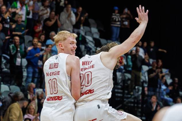 October 2, 2026 Basketball Season 2026–2027 2nd Bundesliga Pro A Matchday 2 Nuremberg Falcons Basketball Club (NBC) vs. EPG Baskets Koblenz Sports photo by Zink DaMa xdaxmax Celebration and joy of the Nuremberg Falcons BC (NBC) team after the game Ty Allred 10, Nuremberg Falcons BC NBC; Nicholas Nic Welp 20, Nuremberg Falcons BC NBC