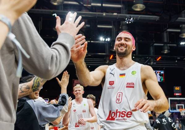 October 2, 2026 Basketball Season 2026–2027 2nd Bundesliga Pro A Matchday 2 Nuremberg Falcons Basketball Club NBC EPG Baskets Koblenz Sports photo by Zink DaMa xdaxmax Celebrations and joy after the game Dominick von Waaden 9, Nuremberg Falcons BC (NBC) high-fives fans