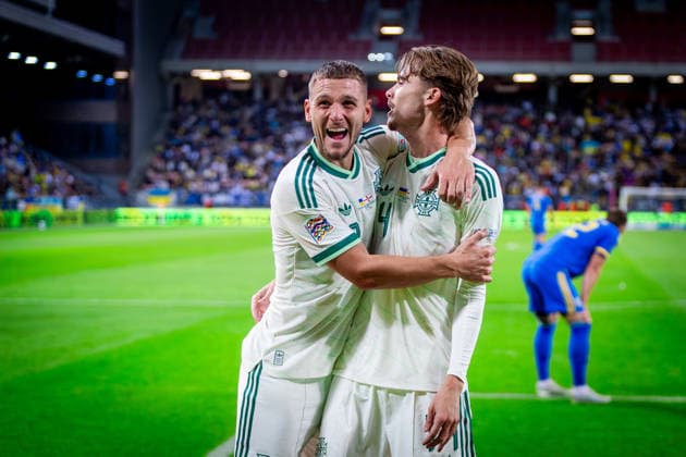 UKRAINE - NORTHERN IRELAND Isaac Price of Northern Ireland and West Bromwich Albion celebrates a goal with Jamie Donley of Northern Ireland and Luton Town during UEFA Nations League - League B - Group B2 - Matchday 3 - football match between Ukraine and Northern Ireland. Anton Malatinsky Stadium, City Arena, Trnava, Slovakia, October 02, 2026. Photo by Branislav Racko Copyright: xx _BRR0382
