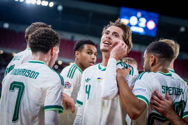 UKRAINE - NORTHERN IRELAND Isaac Price of Northern Ireland and West Bromwich Albion celebrates a goal during UEFA Nations League - League B - Group B2 - Matchday 3 - football match between Ukraine and Northern Ireland. Anton Malatinsky Stadium, City Arena, Trnava, Slovakia, October 02, 2026. Photo by Branislav Racko Copyright: xx _BRR0445