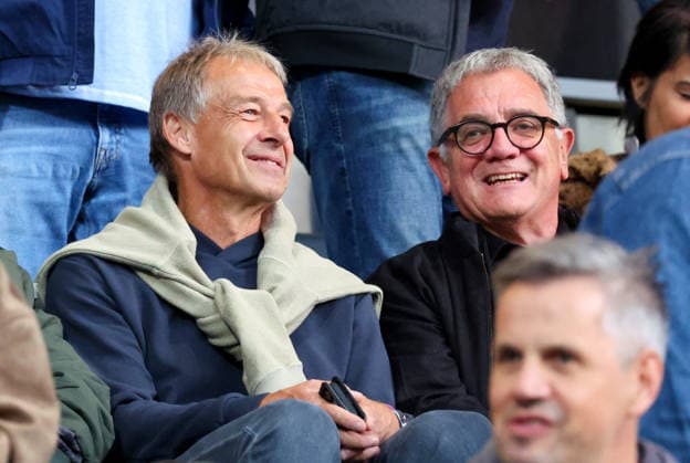 October 2, 2026, Germany, Stuttgart, Soccer, Regionalliga Südwest, SV Stuttgarter Kickers vs. Kickers Offenbach, Jürgen Klinsmann in the stands, Roland Eitel on the right