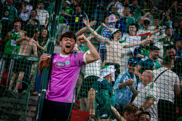 UKRAINE - NORTHERN IRELAND Fans of Northern Ireland celebrate a goal during UEFA Nations League - League B - Group B2 - Matchday 3 - football match between Ukraine and Northern Ireland. Anton Malatinsky Stadium, City Arena, Trnava, Slovakia, October 02, 2026. Photo by Branislav Racko Copyright: xx _BRR0466