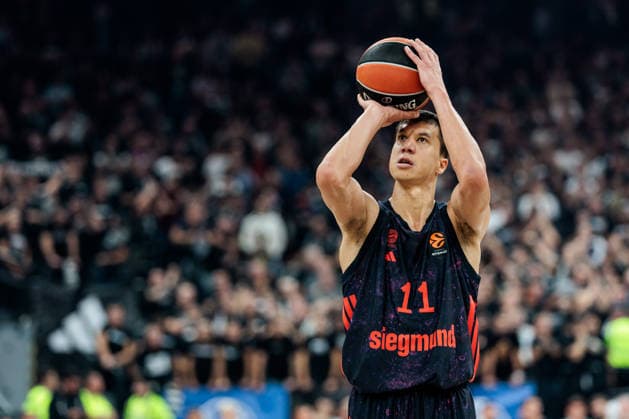 MUNICH, GERMANY - OCTOBER 02: Vladimir Lucic (FC Bayern Muenchen, 11) shooting from the freethrow line during the Turkish Airlines EuroLeague match between FC Bayern Muenchen vs. Partizan Mozzart Bet Belgrade at SAP Garden on round 3 of Turkish Airlines EuroLeague on October 02, 2026 in Munich, Germany. Bavaria Germany Copyright: xSteffiexWunderlx