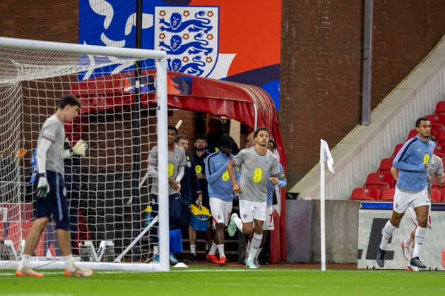 RECORD DATE NOT STATED 2nd October 2026; bet365 Stadium, Stoke-on-Trent, England; UEFA U21, U 21 Championship Qualification Football, England U21 versus Slovakia U21; The England players run out for the warm up TimxWilliams