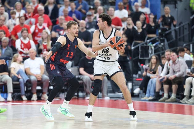 Alessandro Pajola, Partizan Belgrade, 66; Andreas Obst, FC Bayern Basketball, 13, GER, FC Bayern Basketball vs. Partizan Mozzart Bet Belgrade, Basketball, EuroLeague, Matchday 3, 2026–2027 Season, October 2, 2026, GER, FC Bayern Basketball vs. Partizan Mozzart Bet Belgrade, Basketball, EuroLeague, Matchday 3, 2026–2027 Season, October 2, 2026, Munich Copyright: xEibner-Pressefoto JennixMaulx EP_JML