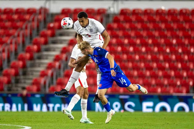 RECORD DATE NOT STATED 2nd October 2026; bet365 Stadium, Stoke-on-Trent, England; UEFA U21, U 21 Championship Qualification Football, England U21 versus Slovakia U21; Ashley Phillips of England heads the ball TimxWilliams