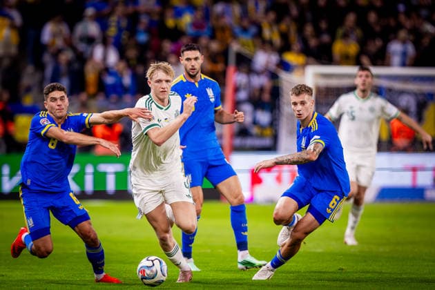 UKRAINE - NORTHERN IRELAND Tom Atcheson of Northern Ireland and Blackburn Rovers, Georgiy (Heorhiy) Sudakov of Ukraine and SL Benfica, Volodymyr Brazhko of Ukraine and Dynamo Kyiv during UEFA Nations League - League B - Group B2 - Matchday 3 - football match between Ukraine and Northern Ireland. Anton Malatinsky Stadium, City Arena, Trnava, Slovakia, October 02, 2026. Photo by Branislav Racko Copyright: xx 080A9032