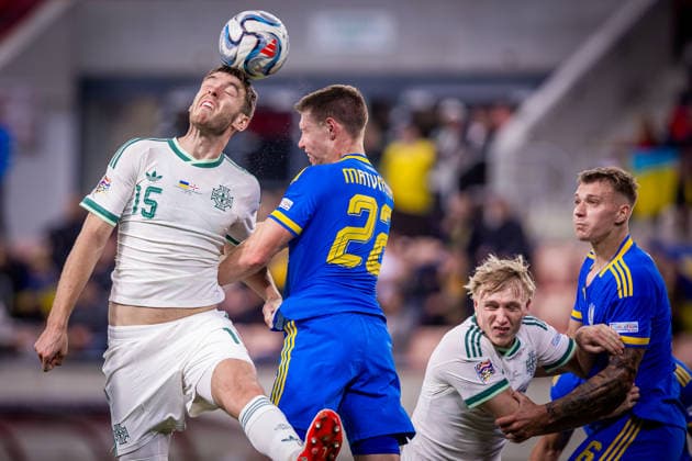 UKRAINE - NORTHERN IRELAND Ruairi McConville of Northern Ireland and Norwich City and Mykola Matviyenko of Ukraine and Shakhtar Donetsk during UEFA Nations League - League B - Group B2 - Matchday 3 - football match between Ukraine and Northern Ireland. Anton Malatinsky Stadium, City Arena, Trnava, Slovakia, October 02, 2026. Photo by Branislav Racko Copyright: xx 080A9159