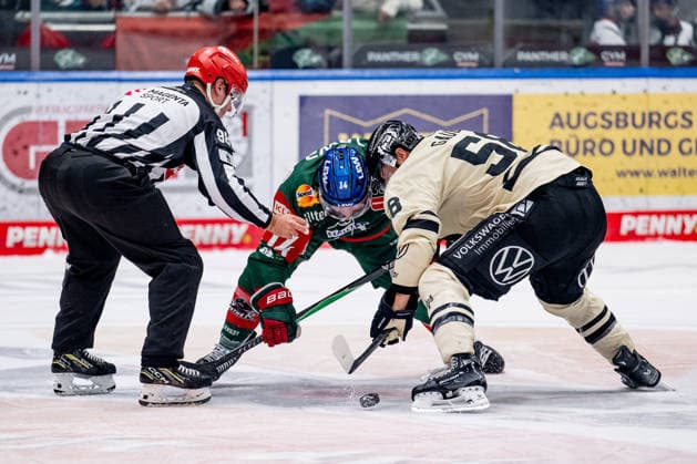 Linesman Maksim Cepik officiates a faceoff between Donald D. J. Busdeker of the Augsburger Panther, 14, and Tyler Gaudet of the Grizzlys Wolfsburg, 58 GER, Augsburger Panther vs. Grizzlys Wolfsburg, ice hockey, DEL, 2026–2027 season, Matchday 4, October 2, 2026. Photo: HMB Media, Heike Feiner Copyright: HMBxMedia HeikexFeiner