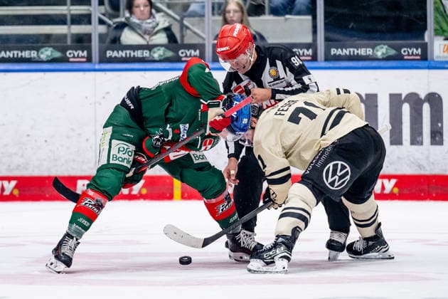 Linesman Maksim Cepik officiates a faceoff between Philipp Krauss of the Augsburger Panther (No. 20) and Justin Feser of the Grizzlys Wolfsburg (No. 71), GER; Augsburger Panther vs. Grizzlys Wolfsburg, ice hockey, DEL, 2026–2027 season, Matchday 4, October 2, 2026. Photo: HMB Media, Heike Feiner Copyright: HMBxMedia HeikexFeiner