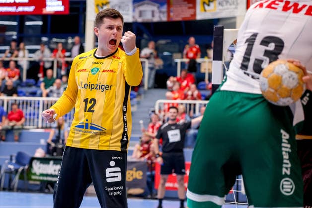 October 2, 2026, Matchday 6 of the 2nd Handball Bundesliga, TuSEM Essen vs. SC DHfK Leipzig, Anadin Suljakovic, SC DHfK Leipzig, 12, celebrating, North Rhine-Westphalia, Germany