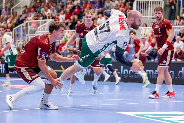 October 2, 2026, Matchday 6 of the 2nd Handball Bundesliga, TuSEM Essen vs. SC DHfK Leipzig; Moritz Preuss of SC DHfK Leipzig takes a shot on goal in North Rhine-Westphalia, Germany