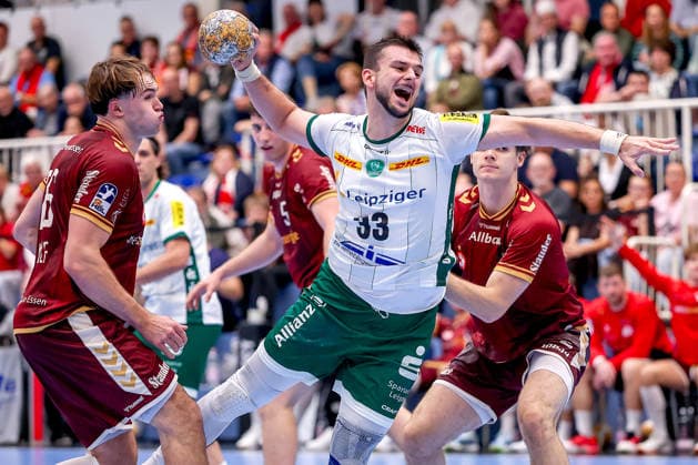 October 2, 2026, Matchday 6 of the 2nd Handball Bundesliga, TuSEM Essen vs. SC DHfK Leipzig: Luka Rogan of SC DHfK Leipzig scores 33 goals, shooting the ball toward the goal in North Rhine-Westphalia, Germany