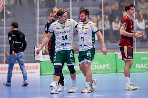 October 2, 2026, Matchday 6 of the 2nd Handball Bundesliga, TuSEM Essen vs. SC DHfK Leipzig; Lukas Binder (SC DHfK Leipzig, No. 11) had to leave the court due to injury; NRW, Germany