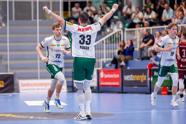 October 2, 2026, Matchday 6 of the 2nd Handball Bundesliga, TuSEM Essen vs. SC DHfK Leipzig, Luka Rogan, SC DHfK Leipzig, 33, celebrating, North Rhine-Westphalia, Germany