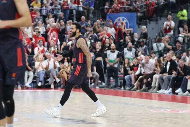 Duane Washington Jr. of FC Bayern Basketball, No. 04, celebrates a basket, GER, FC Bayern Basketball vs. Partizan Mozzart Bet Belgrade, Basketball, EuroLeague, Matchday 3, 2026–2027 Season, October 2, 2026, GER, FC Bayern Basketball vs. Partizan Mozzart Bet Belgrade, Basketball, EuroLeague, Matchday 3, 2026–2027 Season, October 2, 2026, Munich Copyright: xEibner-Pressefoto JennixMaulx EP_JML