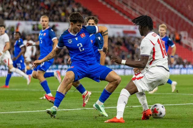 RECORD DATE NOT STATED 2nd October 2026; bet365 Stadium, Stoke-on-Trent, England; UEFA U21, U 21 Championship Qualification Football, England U21 versus Slovakia U21; Tyrique George of England is tackled by Tobias Paliscak of Slovakia TimxWilliams