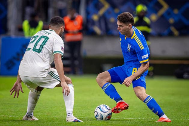 UKRAINE - NORTHERN IRELAND Georgiy (Heorhiy) Sudakov of Ukraine and SL Benfica and Brodie Spencer of Northern Ireland and Oxford United during UEFA Nations League - League B - Group B2 - Matchday 3 - football match between Ukraine and Northern Ireland. Anton Malatinsky Stadium, City Arena, Trnava, Slovakia, October 02, 2026. Photo by Branislav Racko Copyright: xx 080A9491