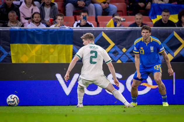 UKRAINE - NORTHERN IRELAND Illia Zabarnyi of Ukraine and Paris Saint Germain and Terry Devlin of Northern Ireland and Portsmouth during UEFA Nations League - League B - Group B2 - Matchday 3 - football match between Ukraine and Northern Ireland. Anton Malatinsky Stadium, City Arena, Trnava, Slovakia, October 02, 2026. Photo by Branislav Racko Copyright: xx 080A9560