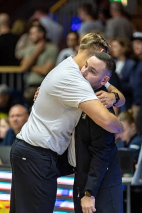 Florian Flabb of the HAKRO Merlins Crailsheim and Head Coach Tom Walther of the HAKRO Merlins Crailsheim, Assistant Coach, embrace each other and celebrate the home victory, GER, HAKRO Merlins Crailsheim vs. Tigers Tübingen, Basketball, 2nd Basketball Bundesliga, Pro A, Matchday 2, 2026–2027 season, October 2, 2026, GER, HAKRO Merlins Crailsheim vs. Tigers Tübingen, Basketball, 2nd Basketball Bundesliga, Pro A, Matchday 2, 2026–2027 season, October 2, 2026, Ilshofen Copyright: xEibner-Pressefoto JanixPlessx EP_JPL