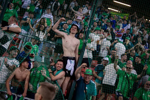 UKRAINE - NORTHERN IRELAND Fans of Northern Ireland celebrate after UEFA Nations League - League B - Group B2 - Matchday 3 - football match between Ukraine and Northern Ireland. Anton Malatinsky Stadium, City Arena, Trnava, Slovakia, October 02, 2026. Photo by Branislav Racko Copyright: xx 080A0728