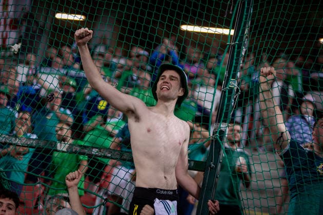 UKRAINE - NORTHERN IRELAND Fans of Northern Ireland celebrate after UEFA Nations League - League B - Group B2 - Matchday 3 - football match between Ukraine and Northern Ireland. Anton Malatinsky Stadium, City Arena, Trnava, Slovakia, October 02, 2026. Photo by Branislav Racko Copyright: xx 080A0773