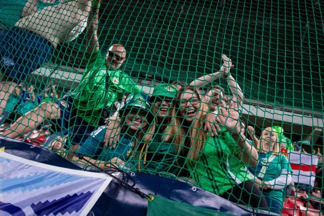 UKRAINE - NORTHERN IRELAND Fans of Northern Ireland celebrate after UEFA Nations League - League B - Group B2 - Matchday 3 - football match between Ukraine and Northern Ireland. Anton Malatinsky Stadium, City Arena, Trnava, Slovakia, October 02, 2026. Photo by Branislav Racko Copyright: xx _BRR0524