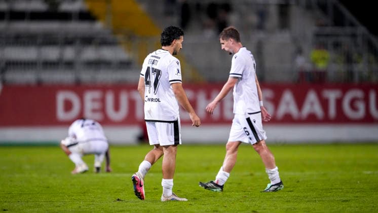 v li Arianit Ferati SVS, 47, Niklas Tarnat SVS, 6, player for SV Sandhausen SVS, disappointed with the tie, just a draw, disappointment after the final whistle, highlight, loss of a point, frustration, disappointed, pessimistic, October 2, 2026, Sandhausen, Germany, soccer, Regionalliga Southwest, SV Sandhausen vs. 1. FC Kaiserslautern II xozx