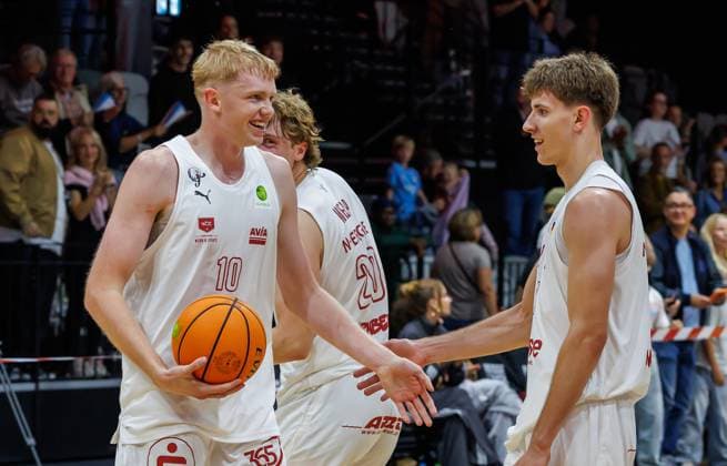 October 2, 2026 Basketball Season 2026–2027 2nd Bundesliga Pro A Matchday 2 Nuremberg Falcons Basketball Club NBC vs. EPG Baskets Koblenz Sports photo by Zink DaMa xdaxmax Celebrations and joy after the game Ty Allred 10, Nuremberg Falcons BC NBC Nicholas Nic Welp 20, Nuremberg Falcons BC NBC Lars Lenke 11, Nuremberg Falcons BC NBC